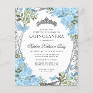Budget Floral Dusty Blue Silver Quinceañera Einlad