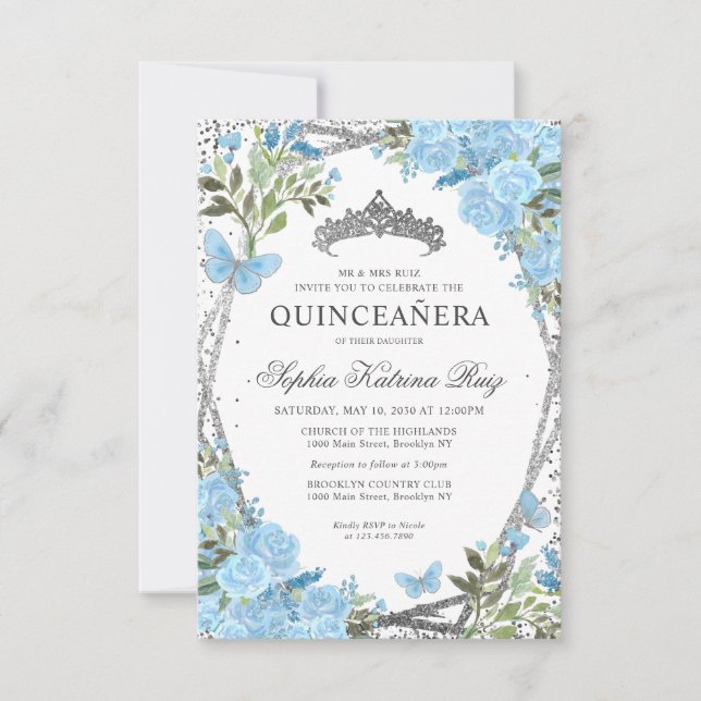Budget Floral Dusty Blue Silver Tiara Quinceañera Mitteilungskarte (Vorderseite)