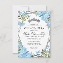 Budget Floral Dusty Blue Silver Tiara Quinceañera Mitteilungskarte