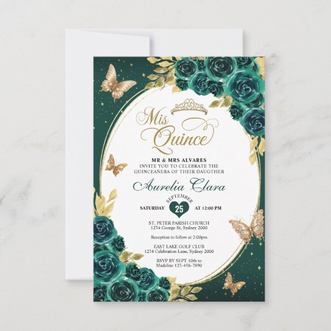 BUDGET Floral Emerald Gold Butterfly Quinceañera Mitteilungskarte (Vorderseite)