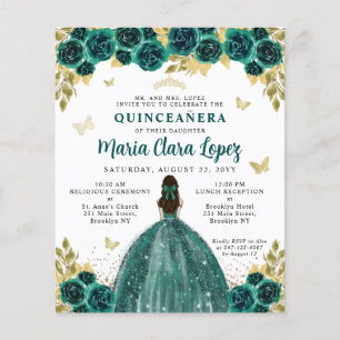 Budget Floral Emerald Gold Princess Quinceanera