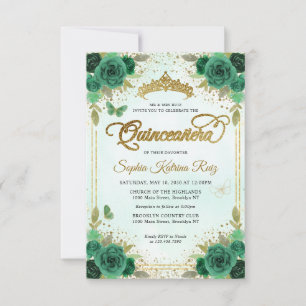 Budget Floral Emerald Green Glam Gold Quinceañera Mitteilungskarte