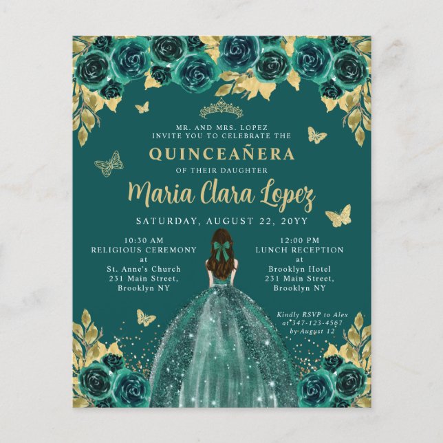 Budget Floral Emerald Green Princess Quinceanera (Vorderseite)