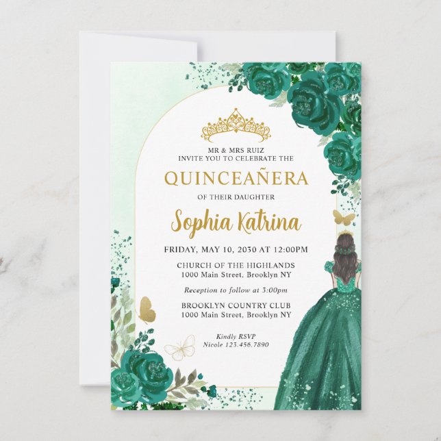 Budget Floral Emerald Green Princess Quinceanera Mitteilungskarte (Vorderseite)