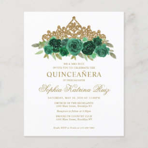 Budget Floral Emerald Green Tiara Quinceañera Flyer