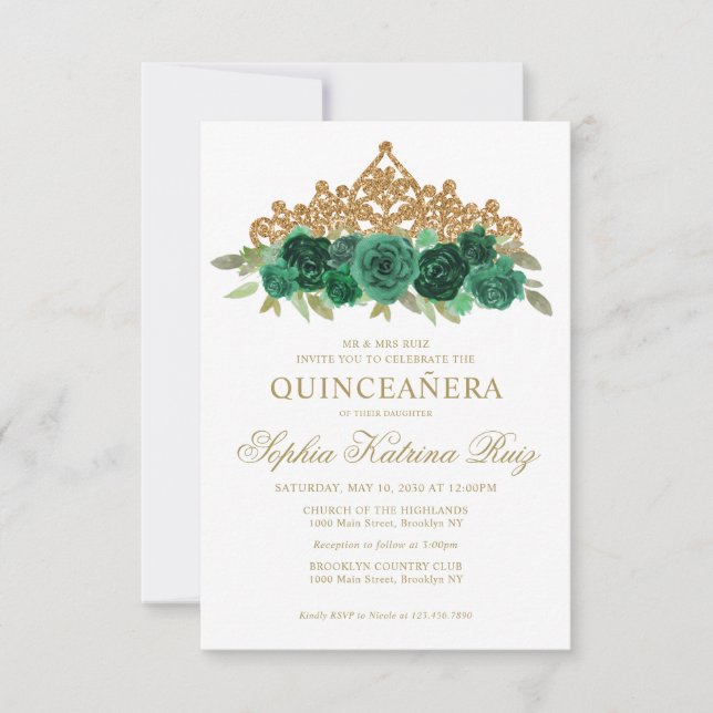 Budget Floral Emerald Green Tiara Quinceañera Mitteilungskarte (Vorderseite)