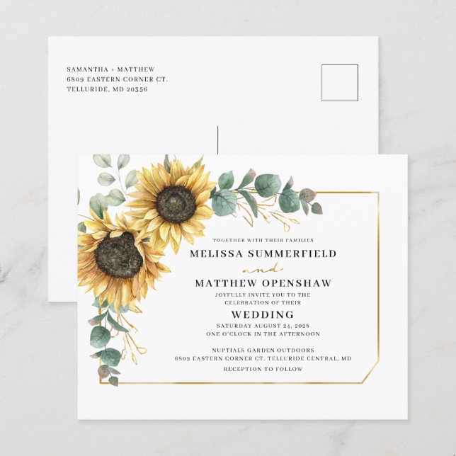 Budget Floral Eukalyptus Sunflower Wedite Einladun (Vorne/Hinten)