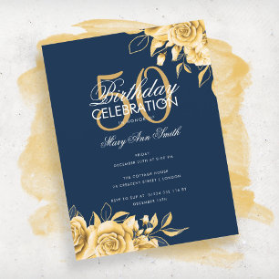 Budget Floral Geburtstagsparty Elegante Gold & Nav Postkarte