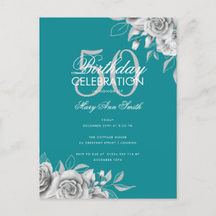 Budget Floral Geburtstagsparty Silver & Aquamarin Postkarte