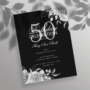 Budget Floral Geburtstagsparty Silver & Black Postkarte
