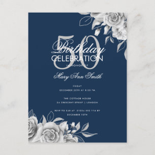 Budget Floral Geburtstagsparty Silver & Navy Postkarte