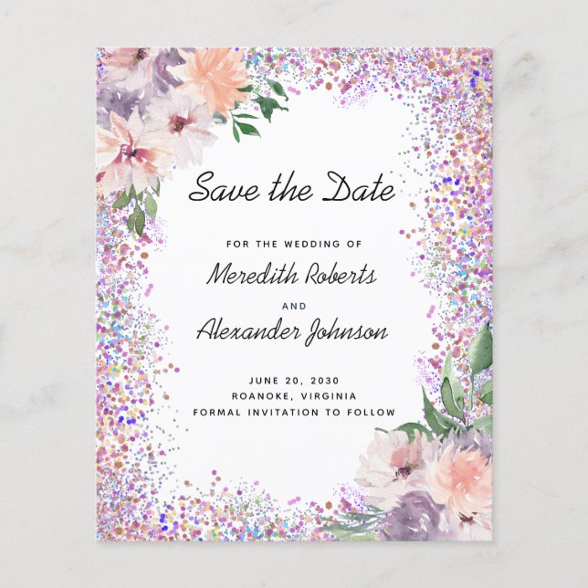 Budget Floral Glitzer QR Code Save the Date Karte (Vorderseite)