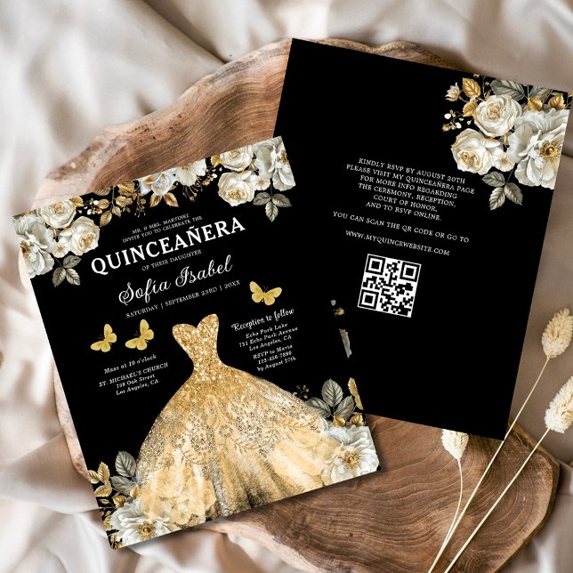 Budget Floral Gold QR Code Princess Quinceanera (Von Creator hochgeladen)