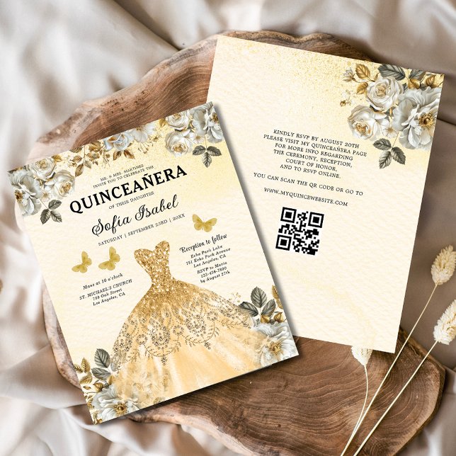 Budget Floral Gold QR Code Princess Quinceanera Flyer (Von Creator hochgeladen)
