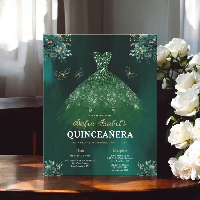 Budget Floral Green Bilingual Spanish Quinceanera Flyer (Von Creator hochgeladen)