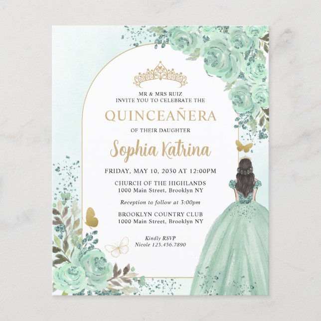 Budget Floral Green Gold Chic Princess Quinceanera (Vorderseite)