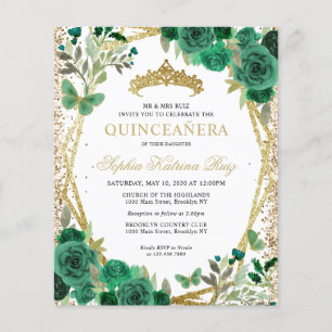 Budget Floral Green Gold Tiara Quinceañera Einladu