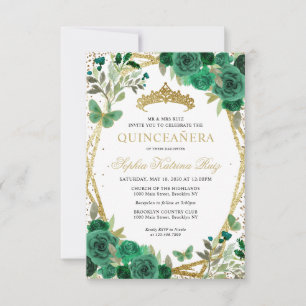 Budget Floral Green Gold Tiara Quinceañera Einladu Mitteilungskarte