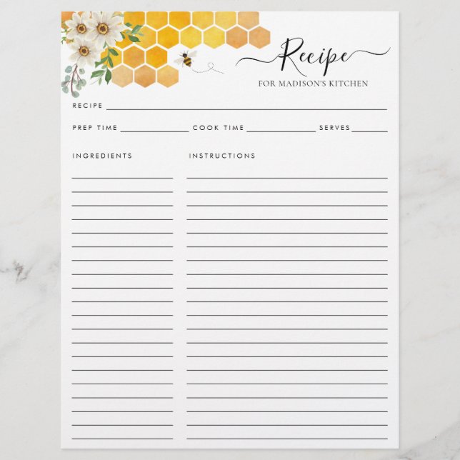Budget Floral Honeycomb Bumblebee Rezeptkarte Flyer (Vorne)