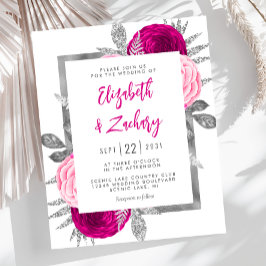 Budget Floral Hot Pink Silver Wedite Einladung