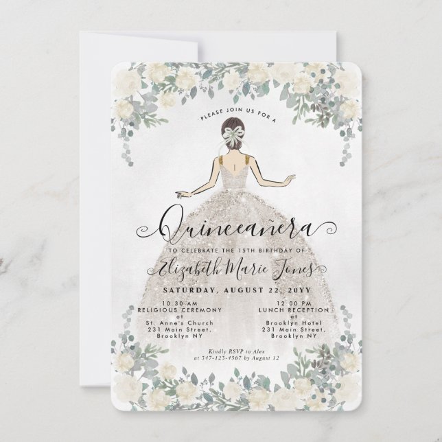 Budget Floral Ivory Prinzessin Birthday Quinceaner Mitteilungskarte (Vorderseite)