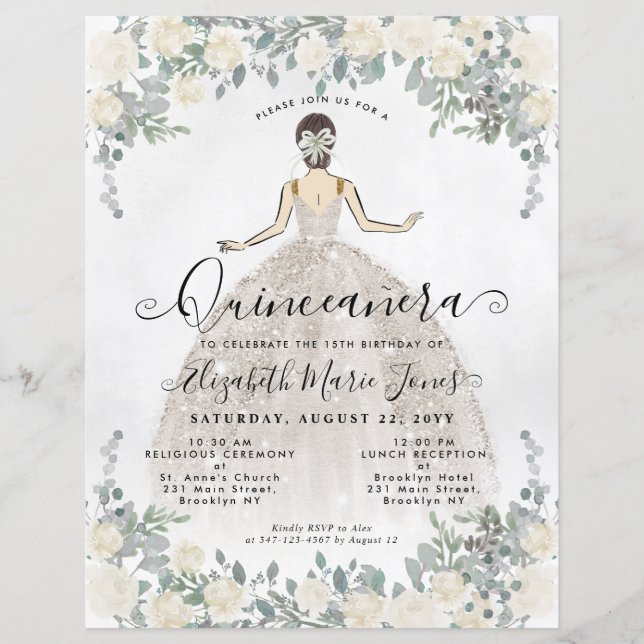 Budget Floral Ivory White Princess Quinceanera (Vorderseite)