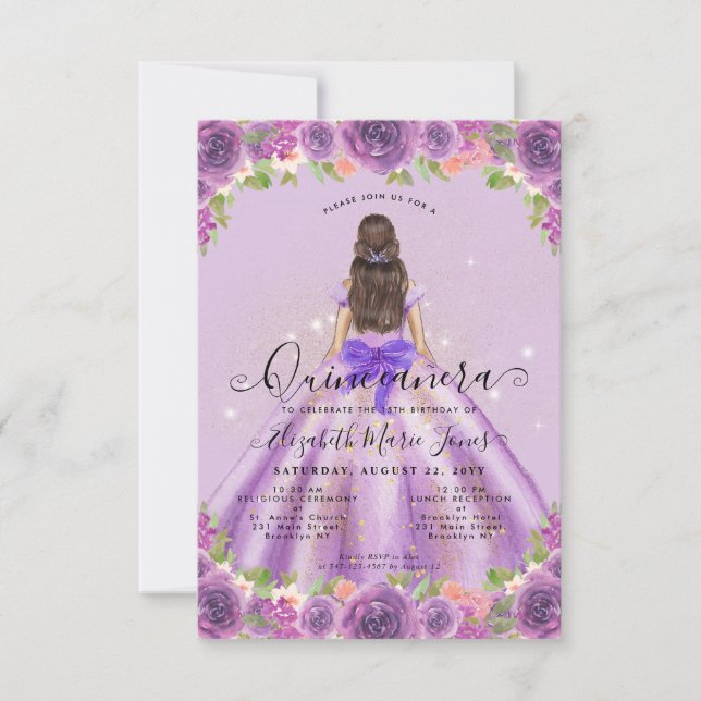 Budget Floral Light Purple Princess Quinceanera Mitteilungskarte (Vorderseite)