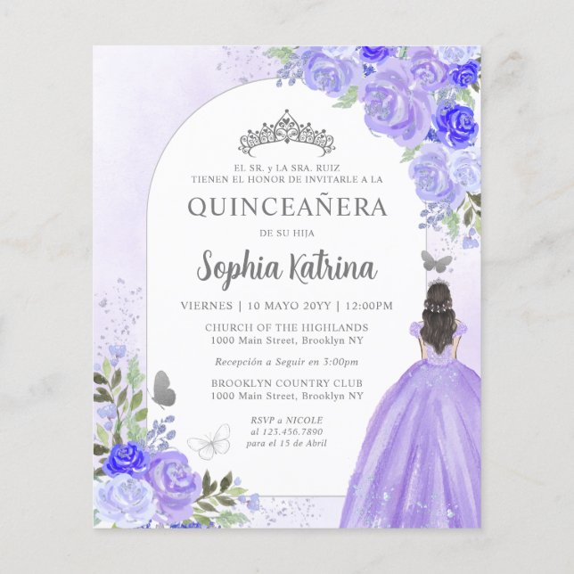 Budget Floral Lila BILINGUAL Spanisch Quinceanera (Rückseite)