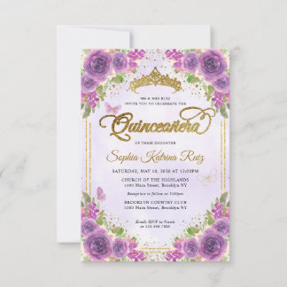 Budget Floral Lila Glam Gold Glitzer Quinceañera Mitteilungskarte