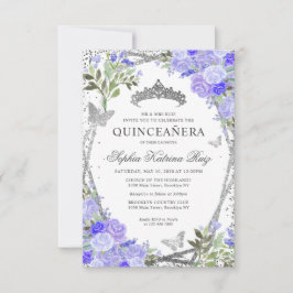 Budget Floral Lila Glam Silver Tiara Quinceañera Mitteilungskarte