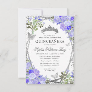 Budget Floral Lila Glam Silver Tiara Quinceañera Mitteilungskarte
