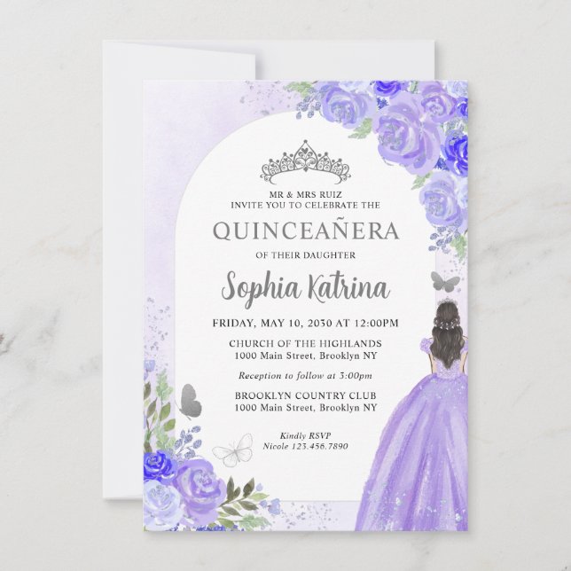 Budget Floral Lila Grau Prinzessin Quinceanera Mitteilungskarte (Vorderseite)