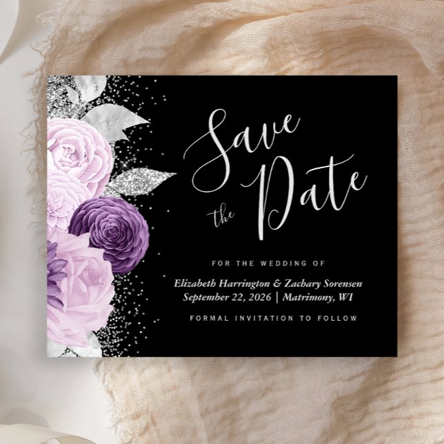 Budget Floral Lila Silver Glitzer Save the Date (Von Creator hochgeladen)