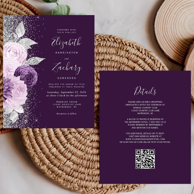 Budget Floral Lila Silver QR Code Hochzeit (Von Creator hochgeladen)