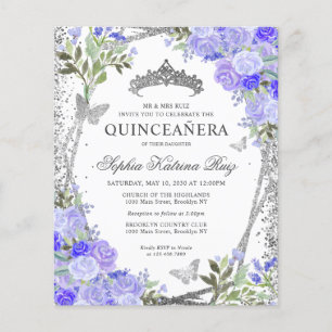 Budget Floral Lila Silver Quinceañera Einladung