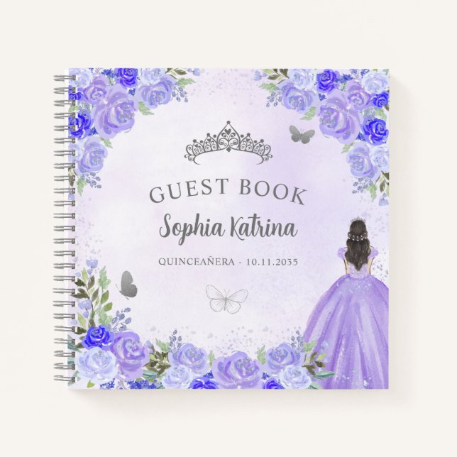 Budget Floral Lila Silver Quinceanera Guestbook Notizbuch (Vorderseite)