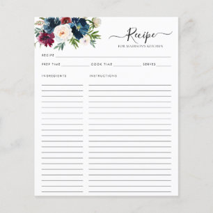 Budget Floral Navy Blue Burgundy Kitchen Rezept Flyer