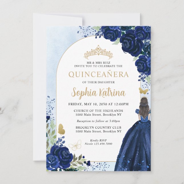 Budget Floral Navy Blue Gold Princess Quinceanera Mitteilungskarte (Vorderseite)