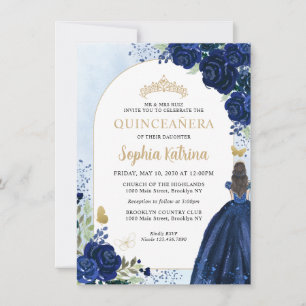 Budget Floral Navy Blue Gold Princess Quinceanera Mitteilungskarte
