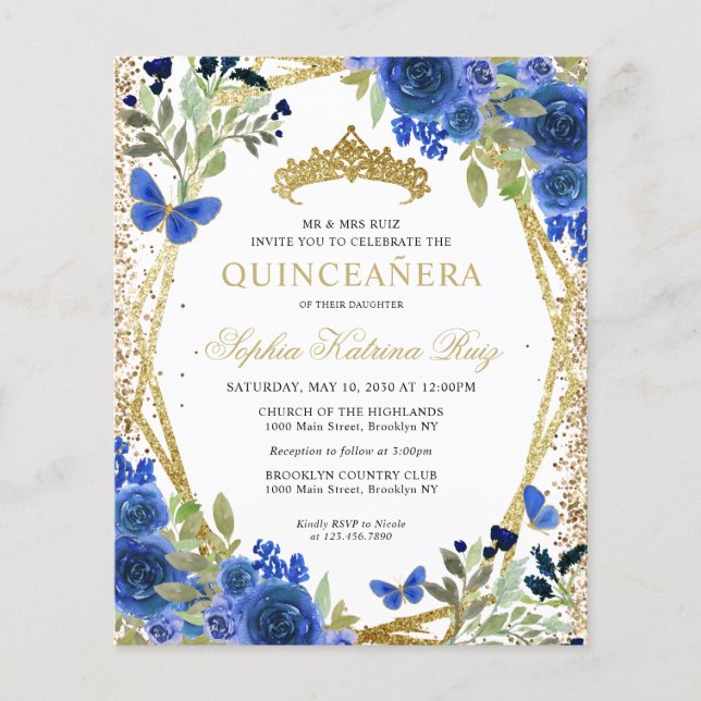 Budget Floral Navy Blue Gold Quinceañera Einladung (Vorderseite)