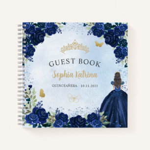 Budget Floral Navy Blue Gold Quinceanera Gästebuch Notizbuch
