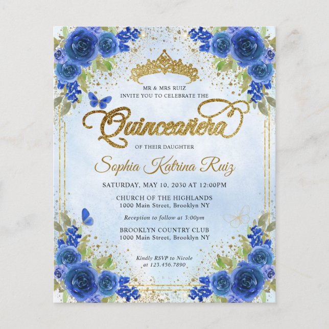 Budget Floral Navy Blue Gold Tiara Quinceañera (Vorderseite)