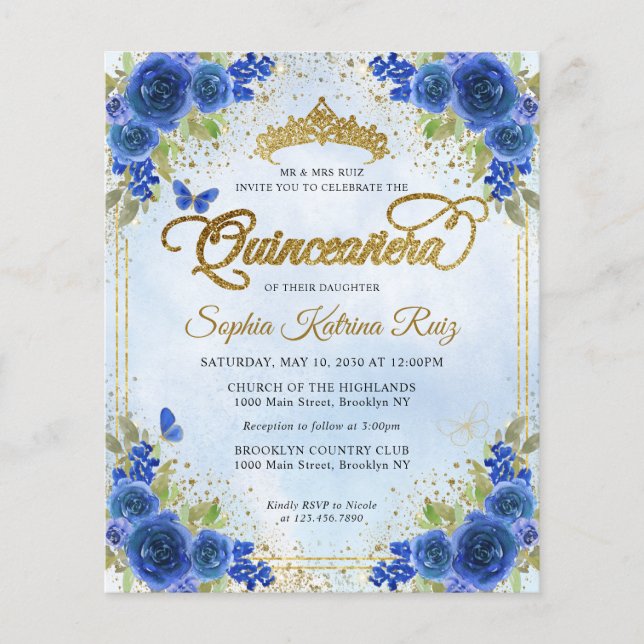 Budget Floral Navy Blue Gold Tiara Quinceañera Flyer (Vorne)