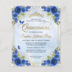 Budget Floral Navy Blue Gold Tiara Quinceañera Flyer
