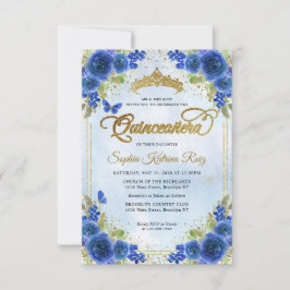 Budget Floral Navy Blue Gold Tiara Quinceañera Mitteilungskarte