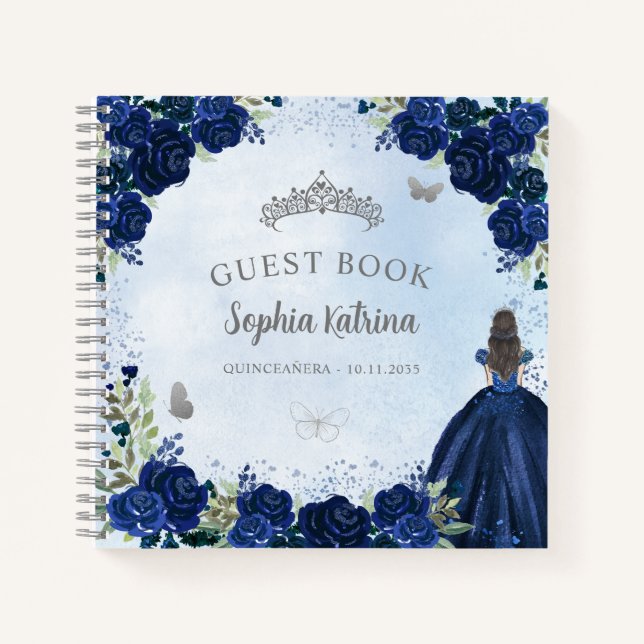 Budget Floral Navy Blue Gray Quinceanera Gästebuch Notizbuch (Vorderseite)