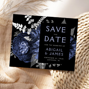 Budget Floral Navy Blue Silver Save the Date