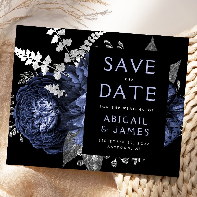 Budget Floral Navy Blue Silver Save the Date (Von Creator hochgeladen)