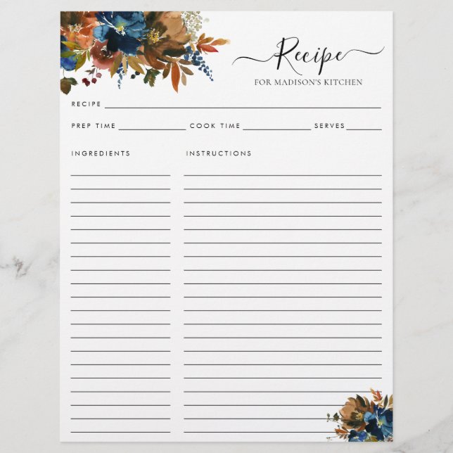 Budget Floral Navy Blue Terracotta Küche Rezept Flyer (Vorne)