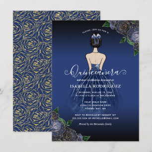 Budget Floral Navy Princess Gold Quinceañera Mitteilungskarte